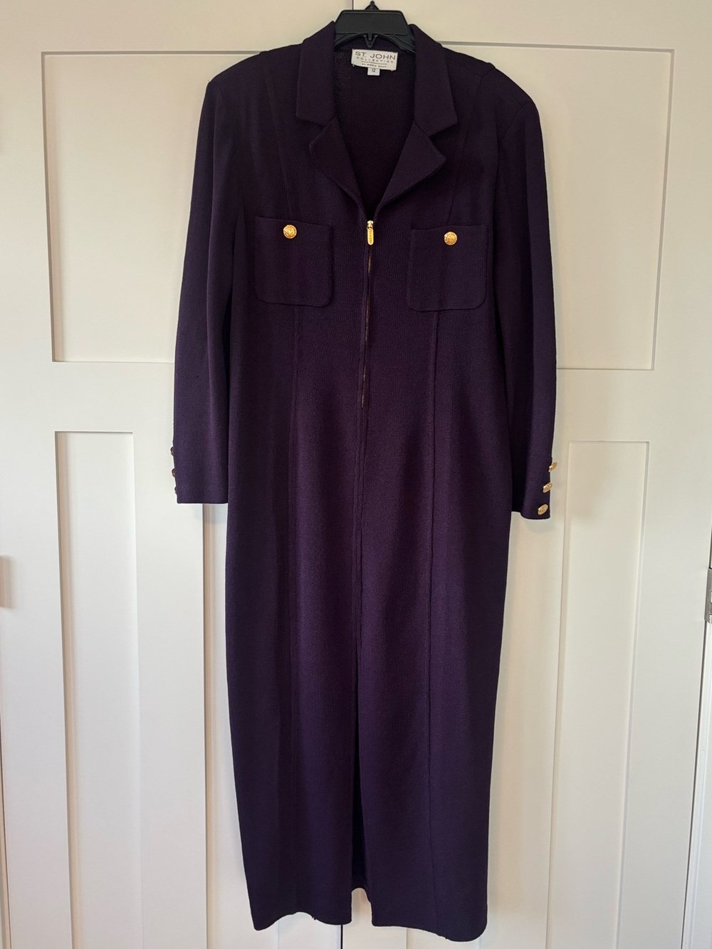 St. John Collection Purple Santana Knit Long Sleeve Dress Gold Buttons Size 12